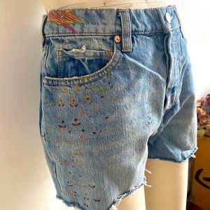 Free people we the free denim shorts with paint and stitching details size 27?